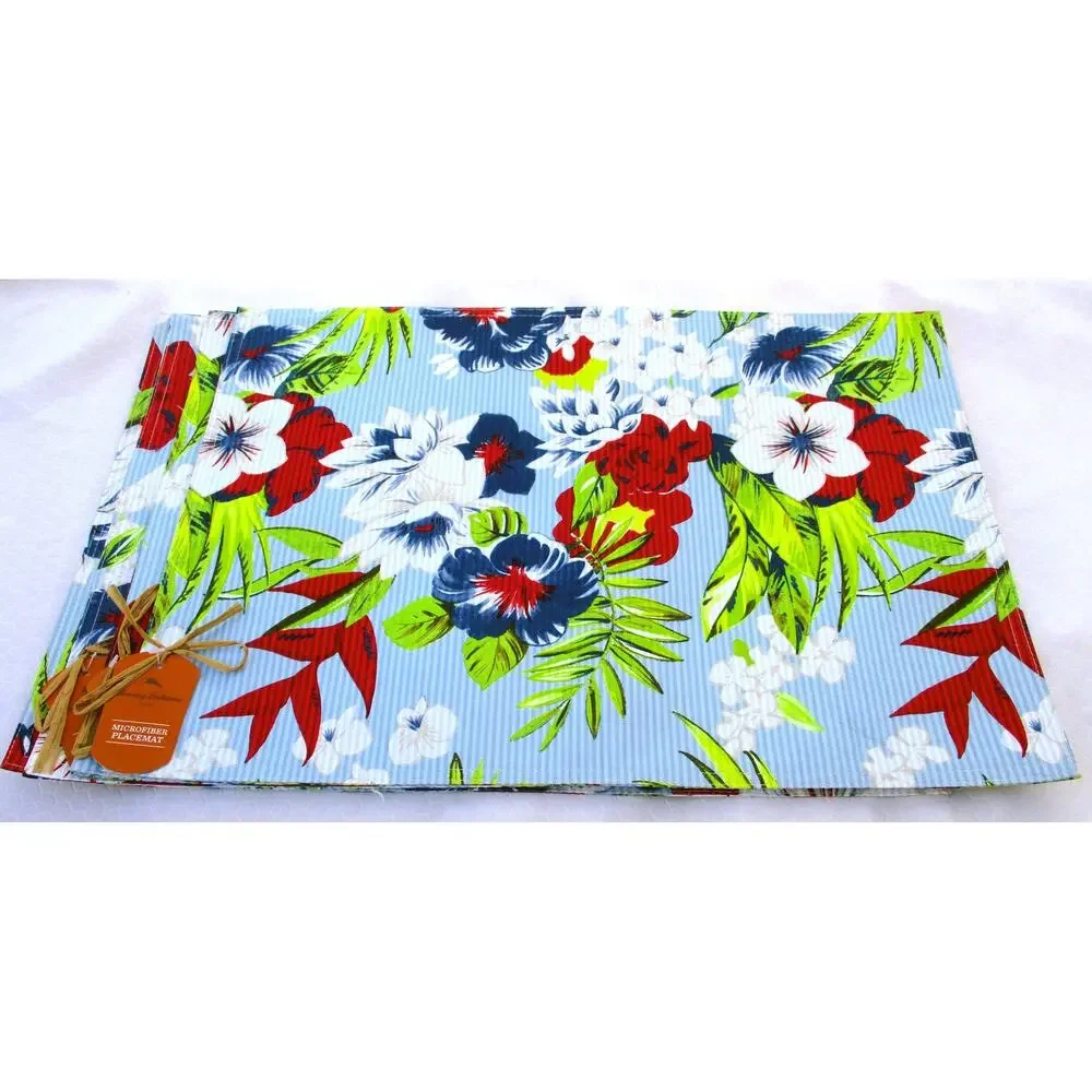 Nwt Set 4 TOMMY BAHAMA Seersucker Stripe Tropical Print Microfiber Placemats